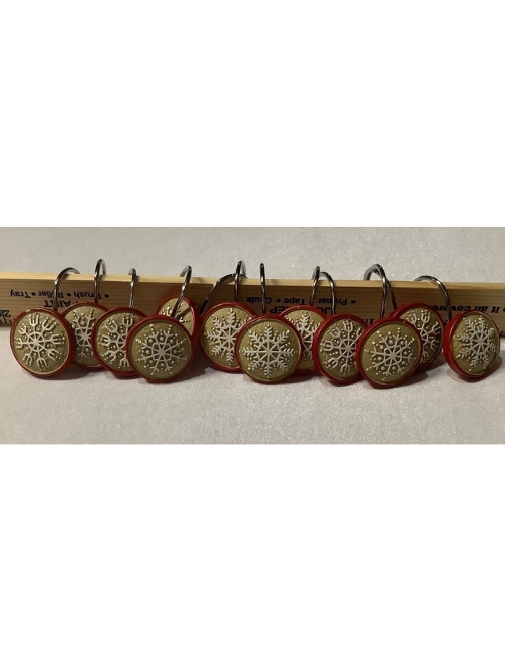 Set of 12 Red and Beige Snowflake Shower Curtain Hooks